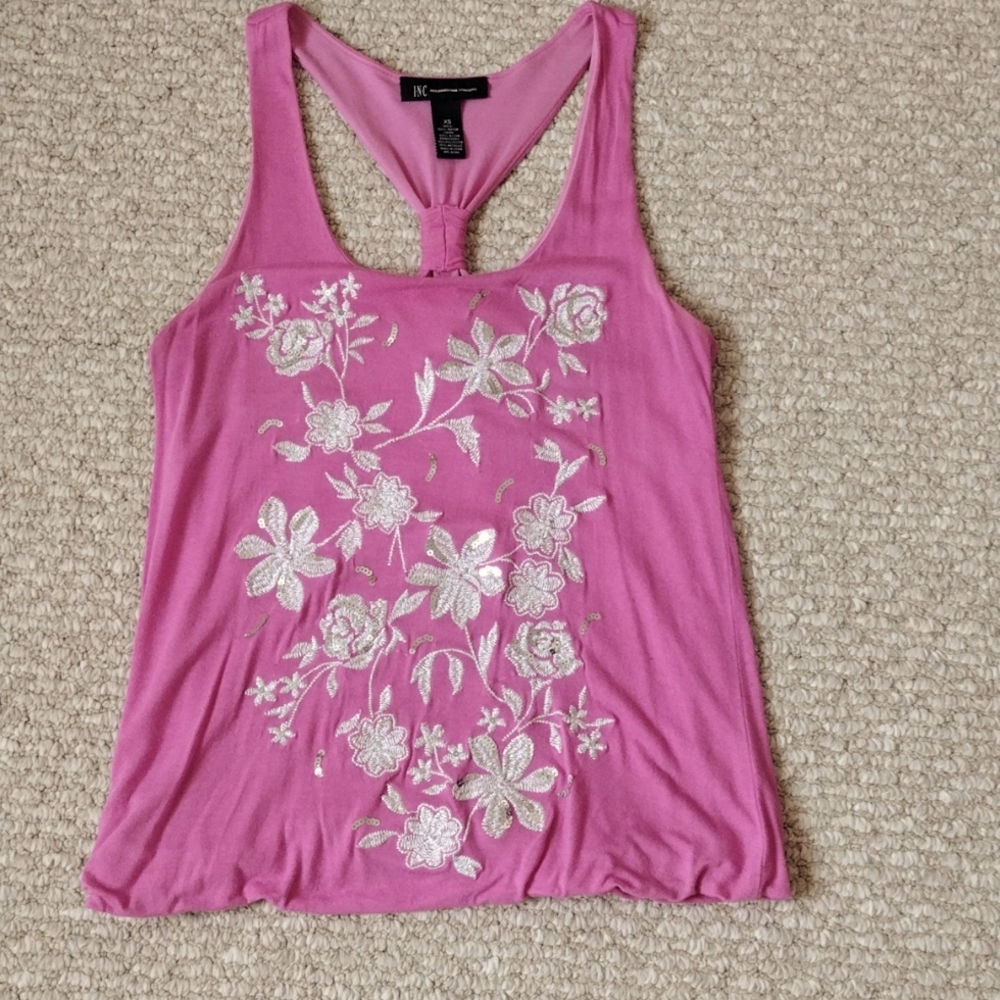 INC Pink With White Floral Sequin Sleeveless Top